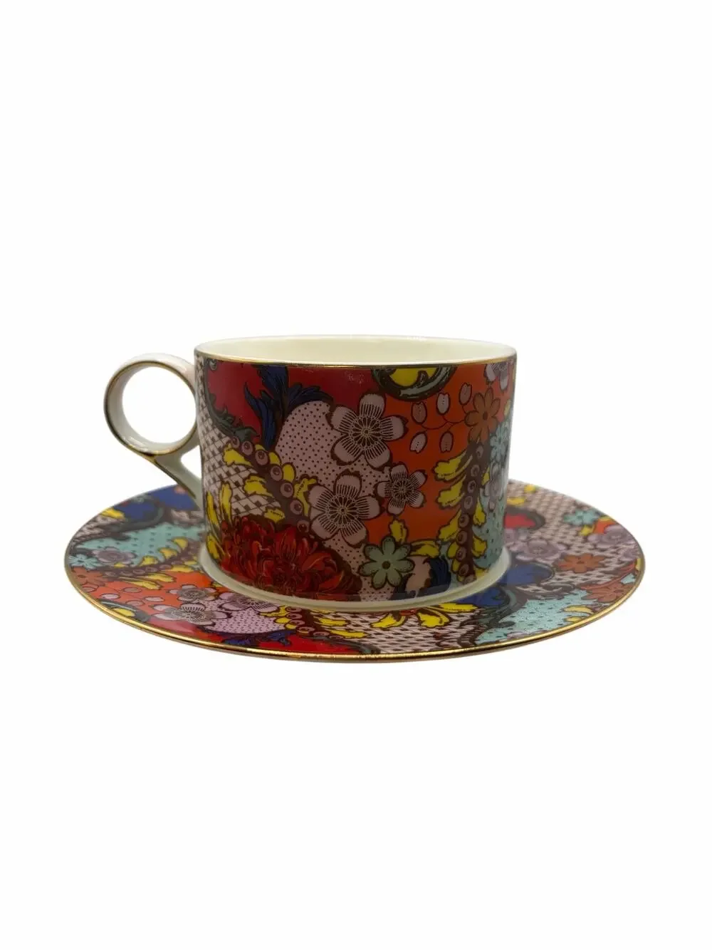 Auratic Floral Porcelain Teacup & Saucer Set Gold Trim Multicolor Coffee Cup